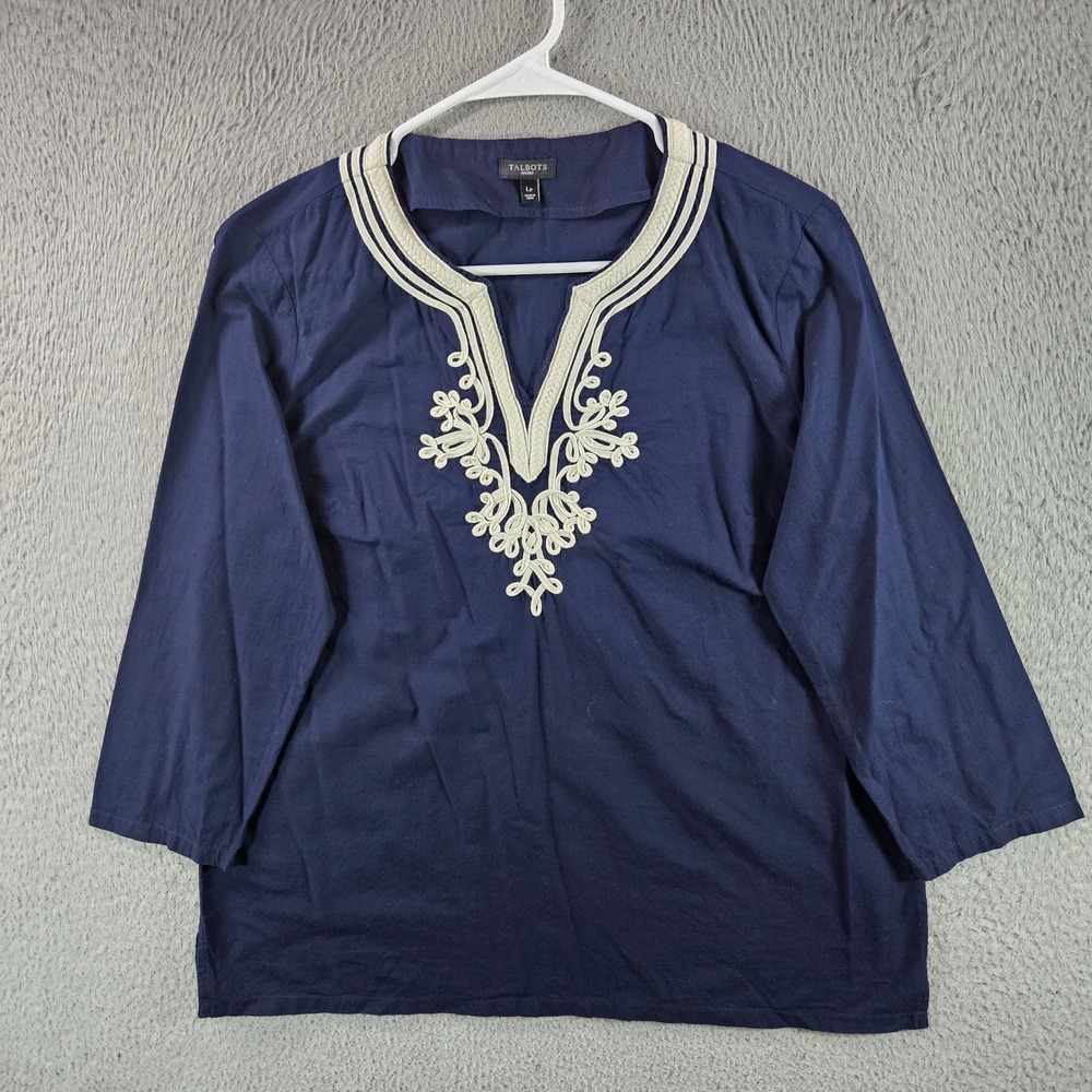 Talbots Petites Navy Blue Embroidered V-Neck Cotton Tunic Top LP